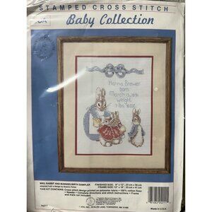 JCA Cross Stitch 04211 Kit Mrs. Rabbit and Bunnies Birth Sampler Beatrix Potter